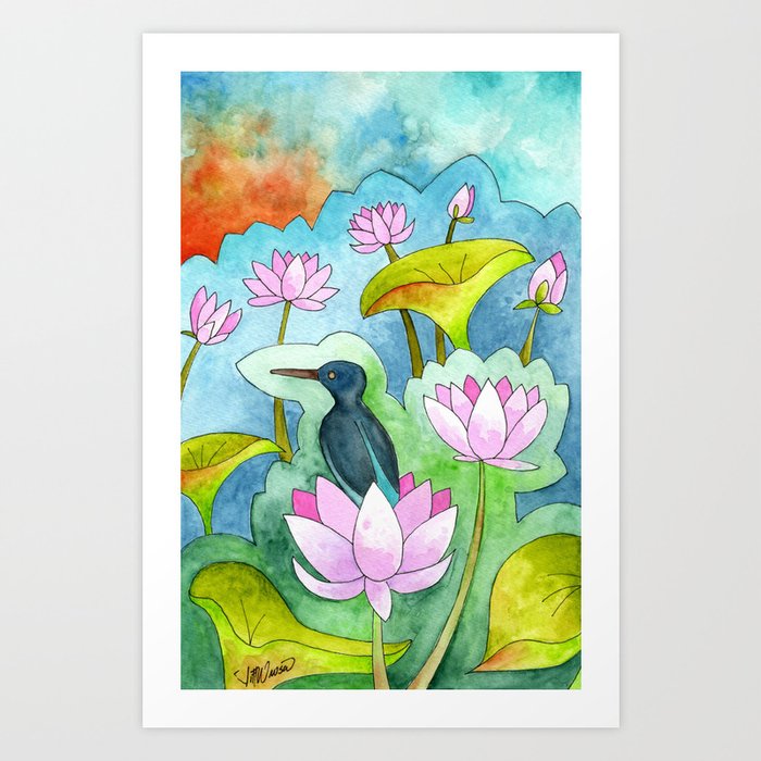 WATER LILIES AND A HUMMINGBIRD Lisette Artwork Art Print