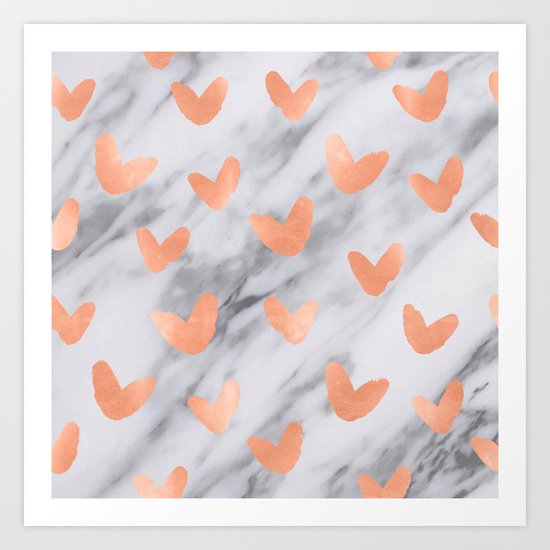 Hearts Rose Gold Marble Art Print