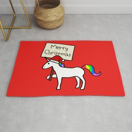 Merry Christmas Unicorn (Red Background) Rug