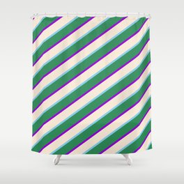 [ Thumbnail: Sea Green, Dark Violet, Beige, and Sky Blue Colored Striped Pattern Shower Curtain ]