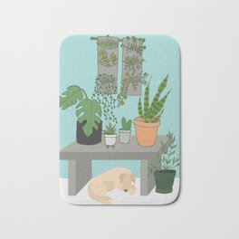 Snake plant, cactus and monstera plants with dog Bath Mat