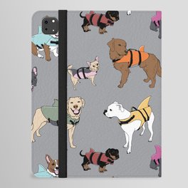 Dog Sharks (dogs in shark life-jackets) on grey iPad Folio Case