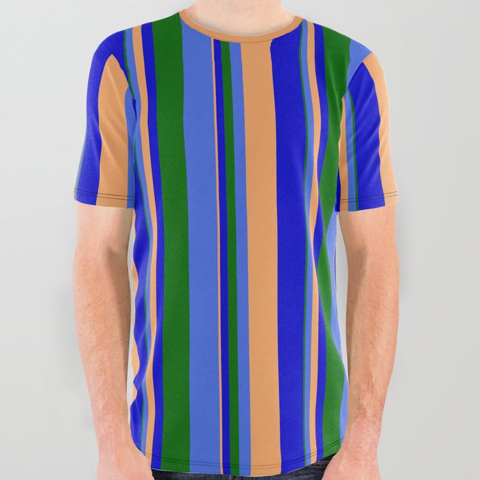 Brown, Blue, Dark Green, and Royal Blue Colored Lines Pattern All Over Graphic Tee