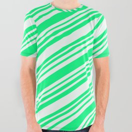 [ Thumbnail: Green and Mint Cream Colored Lines/Stripes Pattern All Over Graphic Tee ]