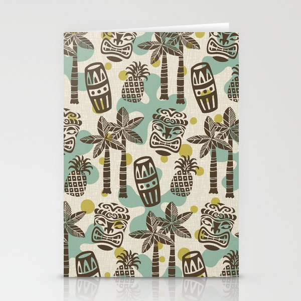 Tiki Pattern 536 Brown Turquoise Olive Green and Beige Stationery Cards