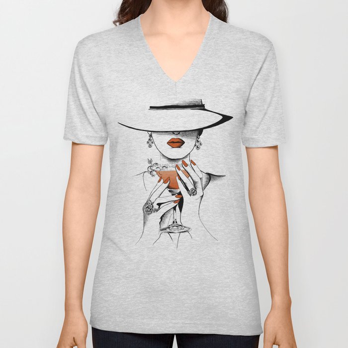 Lady In The Hat V Neck T Shirt