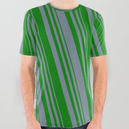 [ Thumbnail: Light Slate Gray and Green Colored Lined Pattern All Over Graphic Tee ]