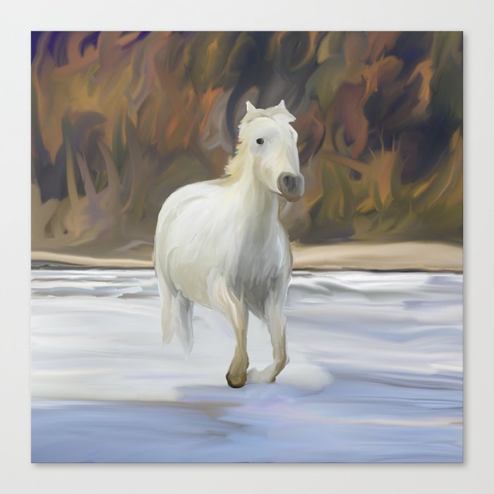 white horse running in water, digital painting Canvas Print