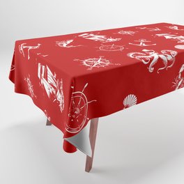 Red And White Silhouettes Of Vintage Nautical Pattern Tablecloth
