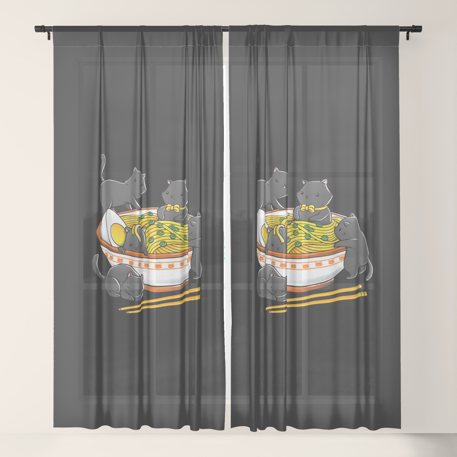 Kawaii Anime Cat Japanese Ramen Noodles Sheer Curtain By