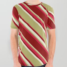 [ Thumbnail: Dark Khaki, Crimson, Dark Red & Beige Colored Pattern of Stripes All Over Graphic Tee ]