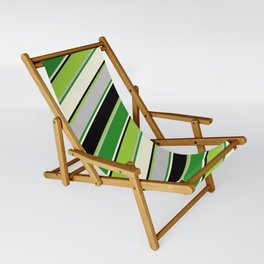 [ Thumbnail: Green, Grey, Forest Green, Beige, and Black Colored Stripes/Lines Pattern Sling Chair ]
