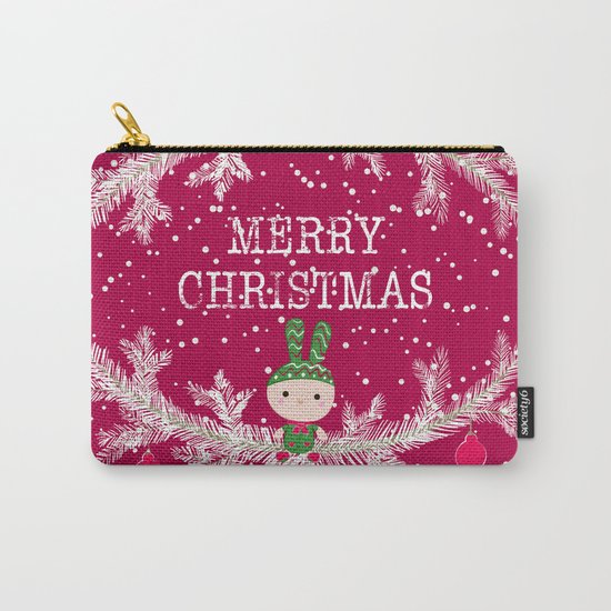 Merry christmas and happy new year greeting card wreath with cute toy bunny background Carry-All Pouch