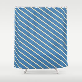 [ Thumbnail: Beige and Blue Colored Lined/Striped Pattern Shower Curtain ]