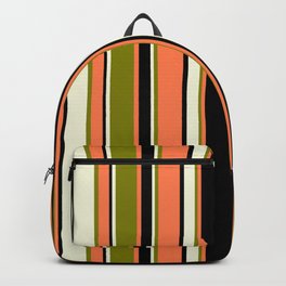 [ Thumbnail: Beige, Green, Coral & Black Colored Stripes Pattern Backpack ]