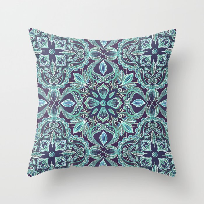 Chalkboard Floral Pattern in Teal & Navy Throw Pillow