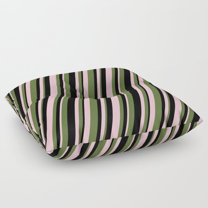 Pink, Dark Olive Green & Black Colored Stripes Pattern Floor Pillow