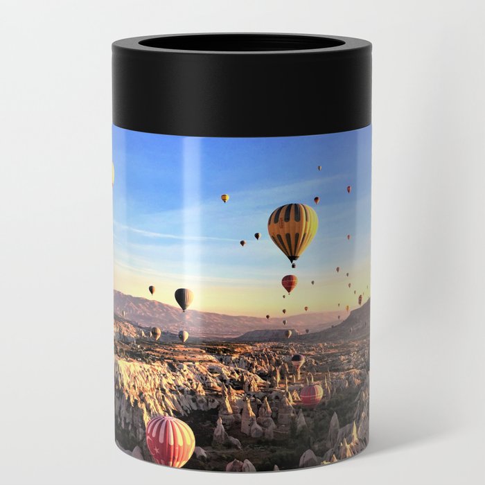 hot air balloons flying valley sky sunset Can Cooler