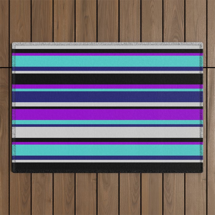 Colorful Dark Violet, Turquoise, Midnight Blue, Light Gray & Black Colored Striped/Lined Pattern Outdoor Rug