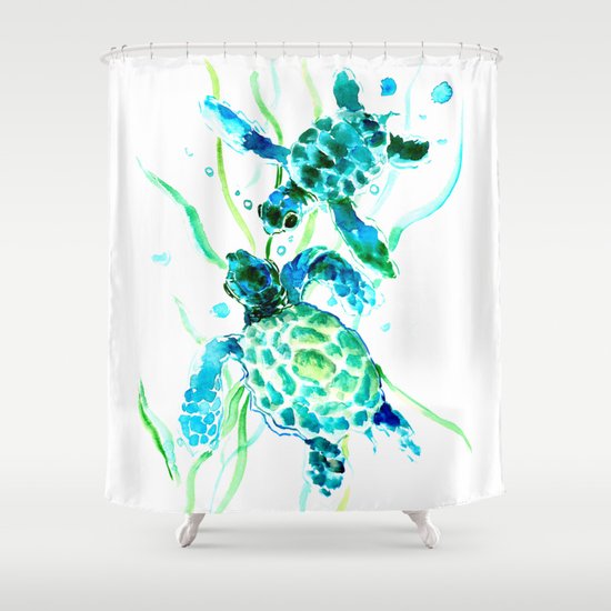 Sea Turtles Turquoise Blue Design Shower Curtain By