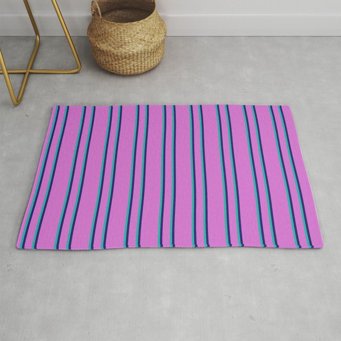 Orchid, Midnight Blue, and Light Sea Green Colored Striped Pattern Rug