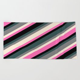 [ Thumbnail: Eye-catching Dark Slate Gray, Grey, Beige, Hot Pink, and Black Colored Lined/Striped Pattern Beach Towel ]
