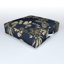 Exotic Floral and Butterfly Art Navy and Gold Outdoor Floor Cushion