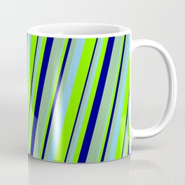[ Thumbnail: Sky Blue, Chartreuse, Blue & Dark Sea Green Colored Lines Pattern Coffee Mug ]