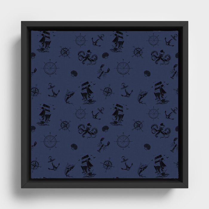 Navy Blue And Black Silhouettes Of Vintage Nautical Pattern Framed Canvas