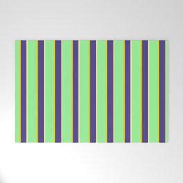[ Thumbnail: Green, Yellow, Dark Slate Blue & Beige Colored Stripes/Lines Pattern Welcome Mat ]