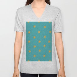 Yellow Stars on Turquoise Background Christmas Pattern V Neck T Shirt