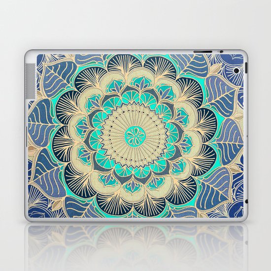 Midnight Bloom - detailed floral doodle in gold, navy blue & mint Laptop & iPad Skin