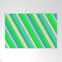 [ Thumbnail: Lime, Light Sea Green, Pale Goldenrod & Turquoise Colored Stripes/Lines Pattern Welcome Mat ]