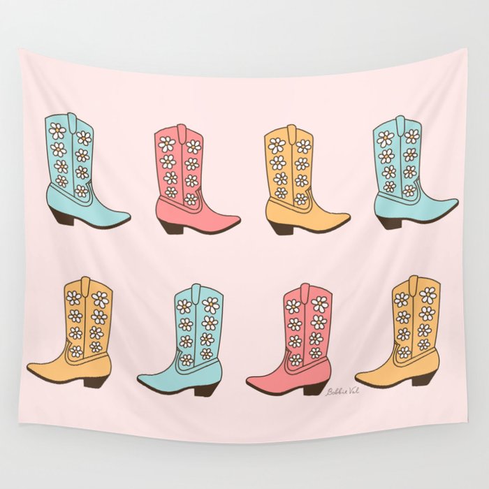 Cowgirl Boots and Daisies, Blush Pink, Mint, Cute Pastel Cowboy Pattern Wall Tapestry