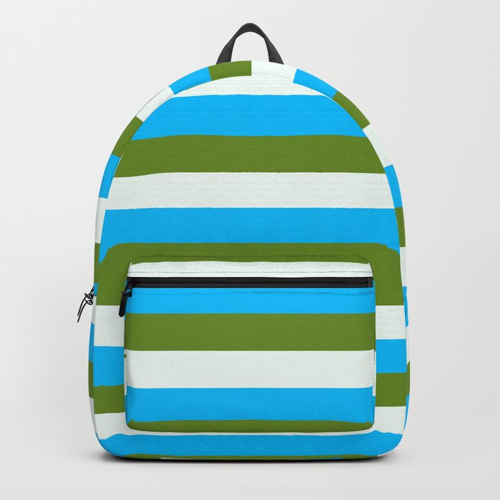 Deep Sky Blue, Green, and Mint Cream Colored Striped/Lined Pattern Backpack