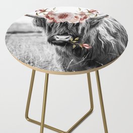 Highland Cow Landscape with Flowers Side Table