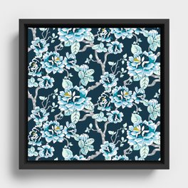 Spring Flowers Pattern Blue on Deep Blue Framed Canvas