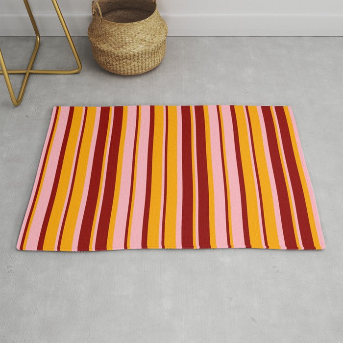 Dark Red, Light Pink, and Orange Colored Lined Pattern Rug by
