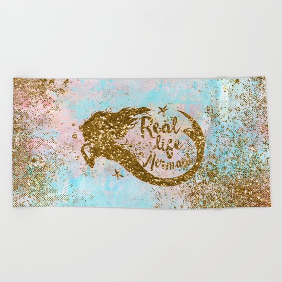 Faux Gold Glitter- REAL LIFE MERMAID on Sea Foam Beach Towel