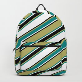 [ Thumbnail: Dark Khaki, Dark Cyan, White & Black Colored Lined/Striped Pattern Backpack ]