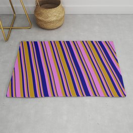 [ Thumbnail: Dark Goldenrod, Orchid, and Blue Colored Striped/Lined Pattern Rug ]