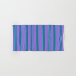 [ Thumbnail: Purple & Dark Cyan Colored Stripes Pattern Hand & Bath Towel ]