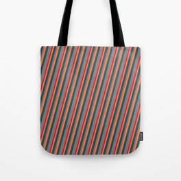 [ Thumbnail: Coral, Dark Slate Gray, Grey, and Crimson Colored Pattern of Stripes Tote Bag ]
