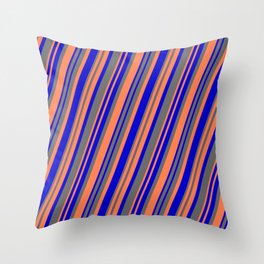 [ Thumbnail: Blue, Dim Gray, and Coral Colored Lines Pattern Throw Pillow ]