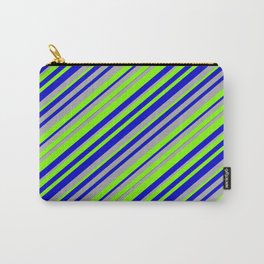 [ Thumbnail: Chartreuse, Blue, and Dark Gray Colored Lined Pattern Carry-All Pouch ]