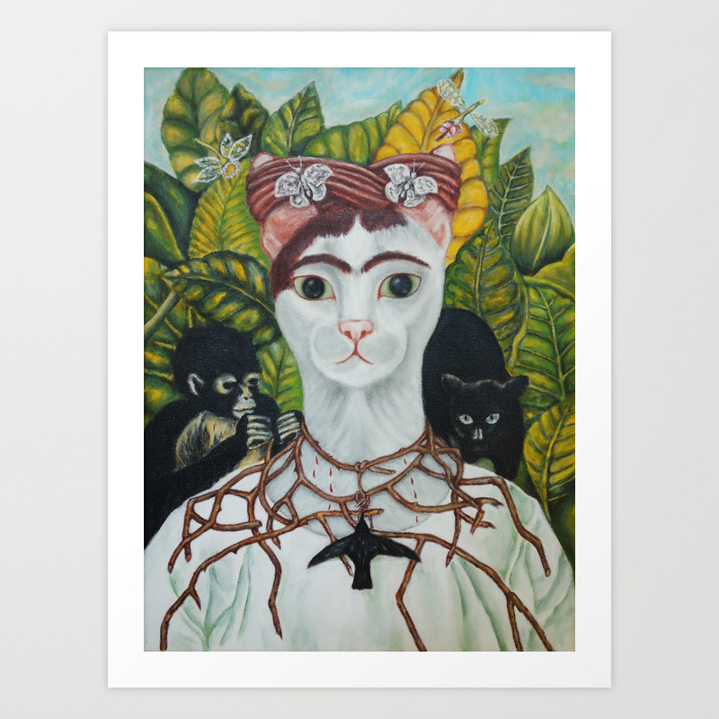 Frida The Cat Self Portrait With Thorn Necklace And Hummingbird