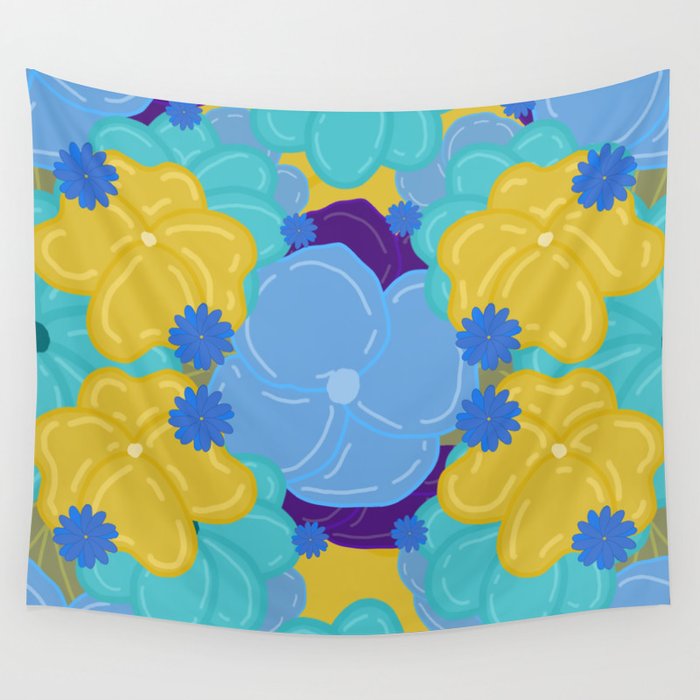 Gold & Blue Flowers Pattern Wall Tapestry