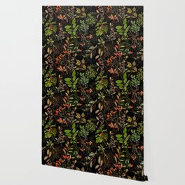 Vintage & Shabby Chic - vintage botanical wildflowers and berries on black Wallpaper