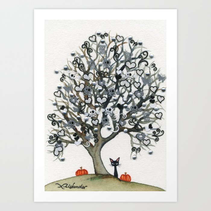 Halloween Whimsical Black Cat And Tree Art Print By Lorialexander
