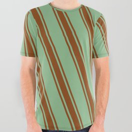 [ Thumbnail: Dark Sea Green and Brown Colored Pattern of Stripes All Over Graphic Tee ]